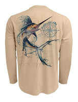 Water-Marlin-Fishing-Shirt-UV-Mens-Long-Sleeve Back View in Tan on the Water-Marlin-Fishing-Shirt-UV-Mens-Long-Sleeve