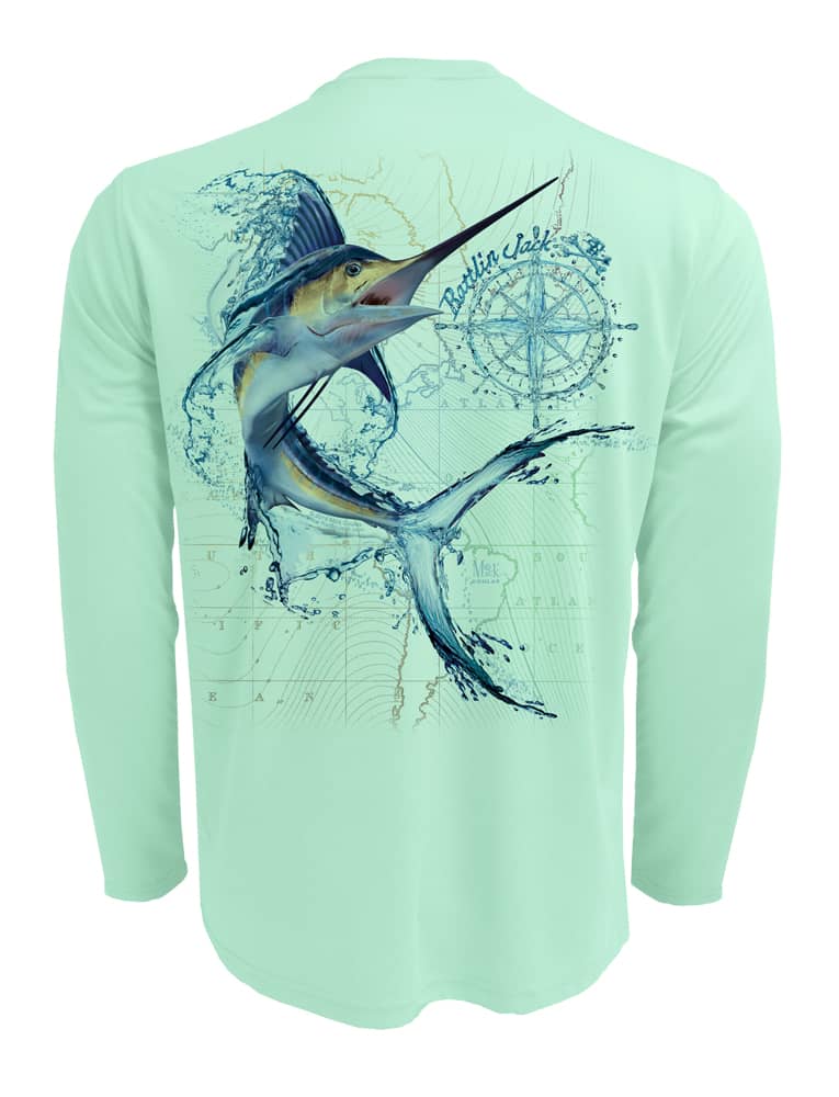 Water-Marlin-Fishing-Shirt-UV-Mens-Long-Sleeve Back View in Teal on the Water-Marlin-Fishing-Shirt-UV-Mens-Long-Sleeve