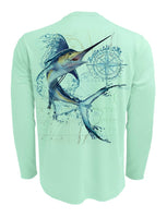 Water-Marlin-Fishing-Shirt-UV-Mens-Long-Sleeve Back View in Teal on the Water-Marlin-Fishing-Shirt-UV-Mens-Long-Sleeve
