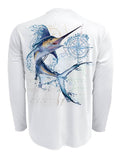 Water-Marlin-Fishing-Shirt-UV-Mens-Long-Sleeve Back View in White on the Water-Marlin-Fishing-Shirt-UV-Mens-Long-Sleeve