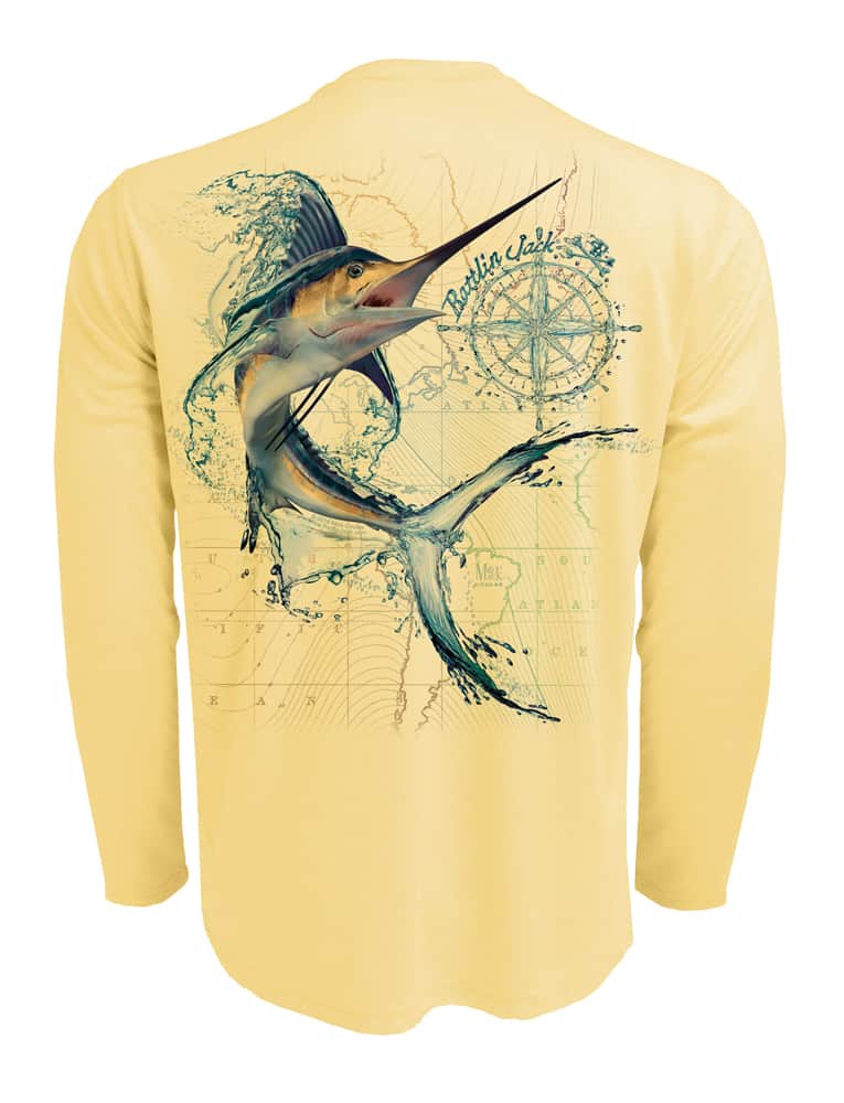 Water-Marlin-Fishing-Shirt-UV-Mens-Long-Sleeve Back View in Yellow on the Water-Marlin-Fishing-Shirt-UV-Mens-Long-Sleeve