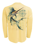 Water-Marlin-Fishing-Shirt-UV-Mens-Long-Sleeve Back View in Yellow on the Water-Marlin-Fishing-Shirt-UV-Mens-Long-Sleeve