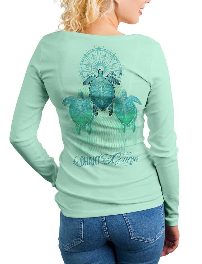 Womens-Sea-Turtle-UV-Rash-Guard-by-Chart-Your-Own-Course-Back view in Teal