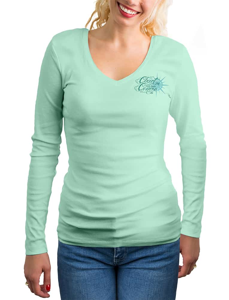 Womens-Sea-Turtle-UV-Rash-Guard-by-Chart-Your-Own-Course-Front view in Teal